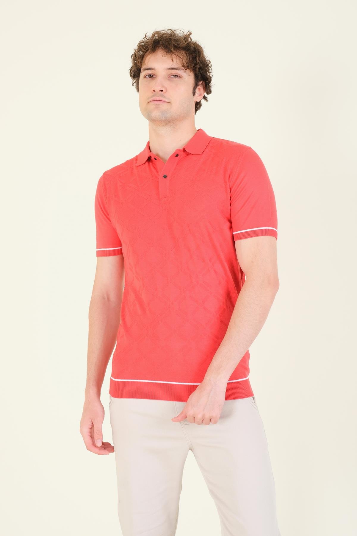 Erkek Desenli Polo Yaka Merserize T-Shirt Mercan