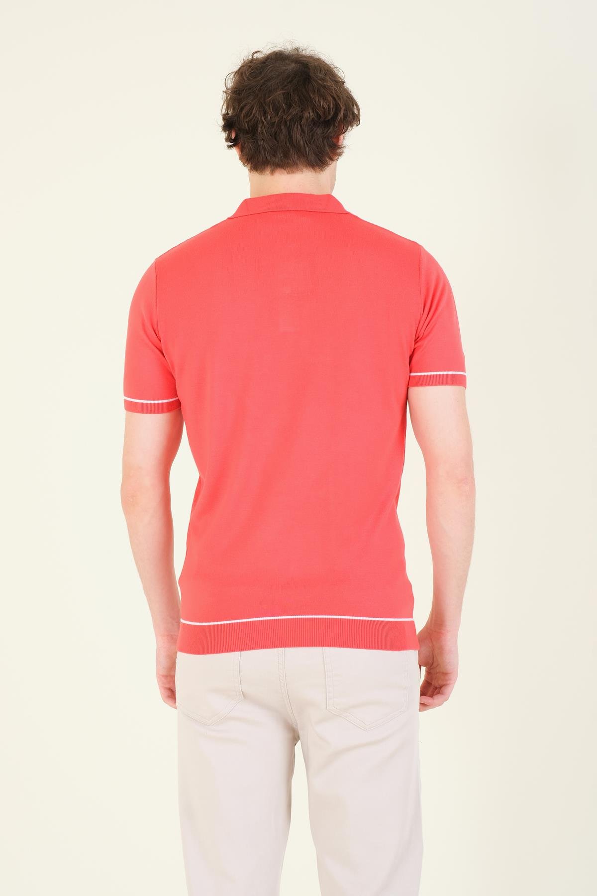 Erkek Desenli Polo Yaka Merserize T-Shirt Mercan