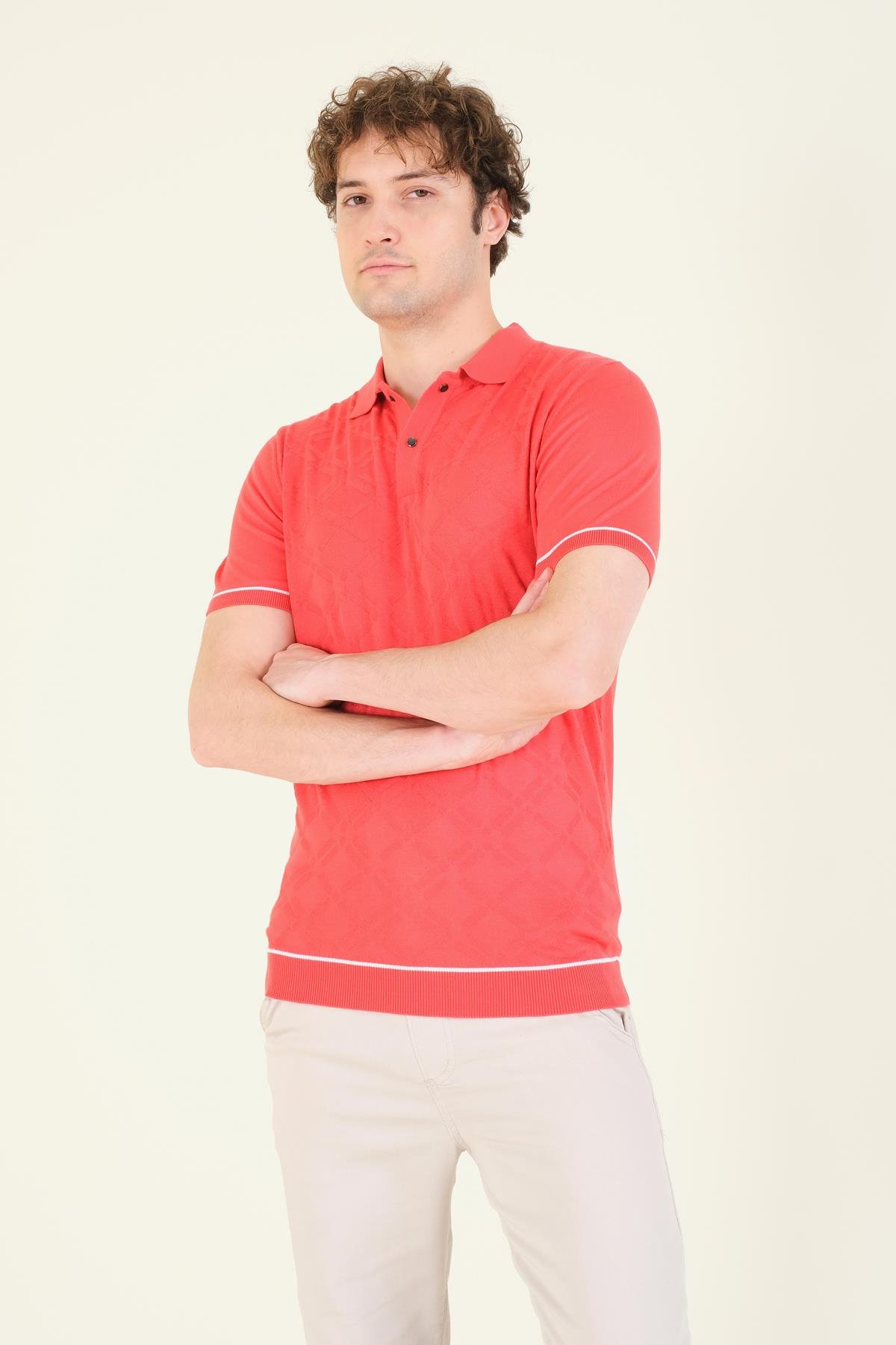 Erkek Desenli Polo Yaka Merserize T-Shirt Mercan