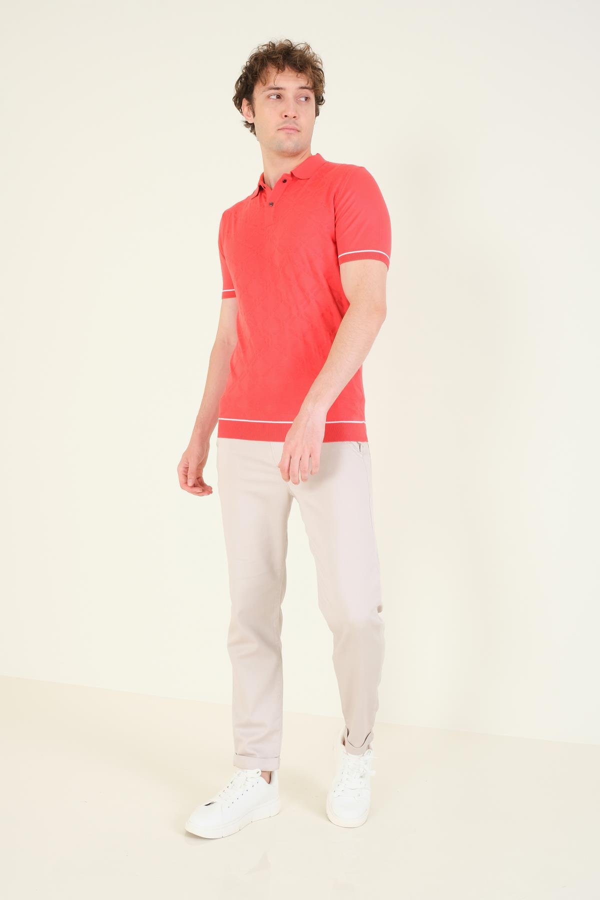 Erkek Desenli Polo Yaka Merserize T-Shirt Mercan