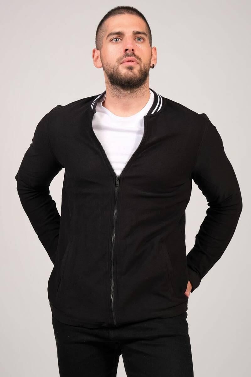 Erkek Dik Yaka Fermuarlı Sweat Siyah