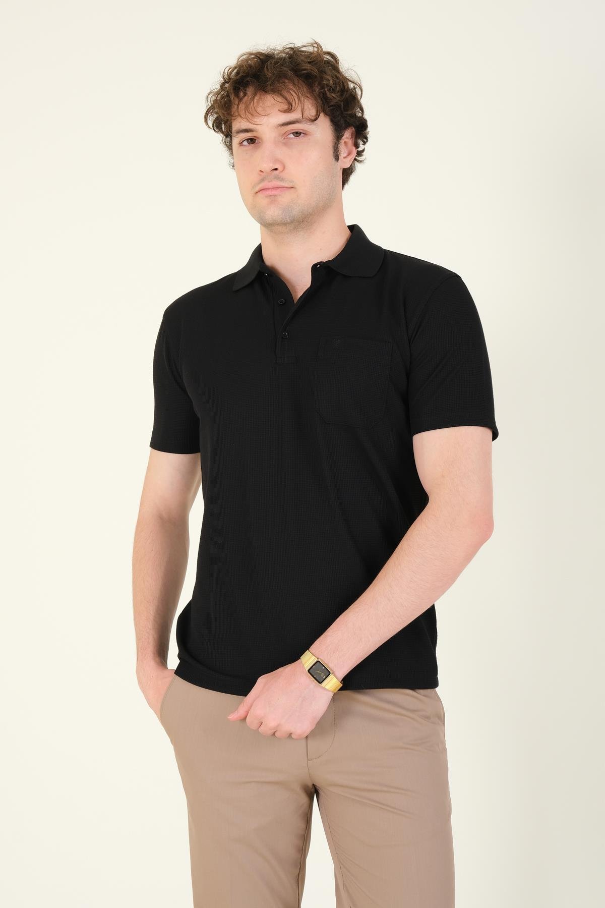 Erkek Dokulu Cepli Polo Yaka T-Shirt Siyah