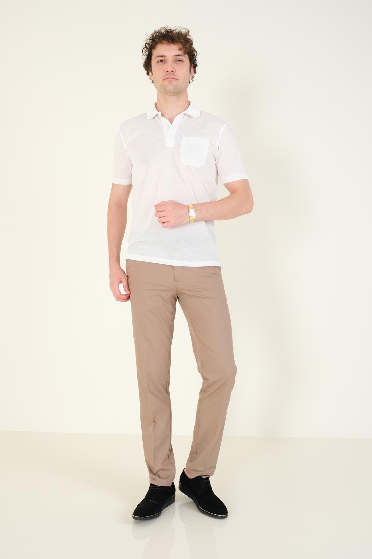 Erkek Jakarlı Cepli Polo Yaka T-Shirt Beyaz