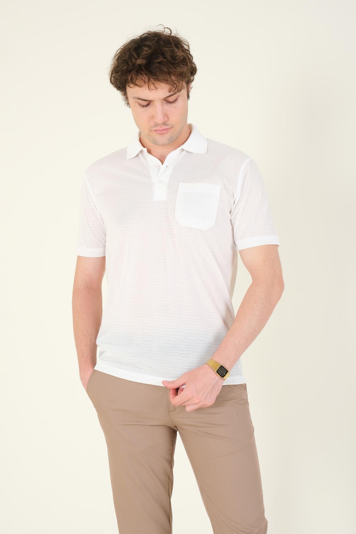 Erkek Jakarlı Cepli Polo Yaka T-Shirt Beyaz