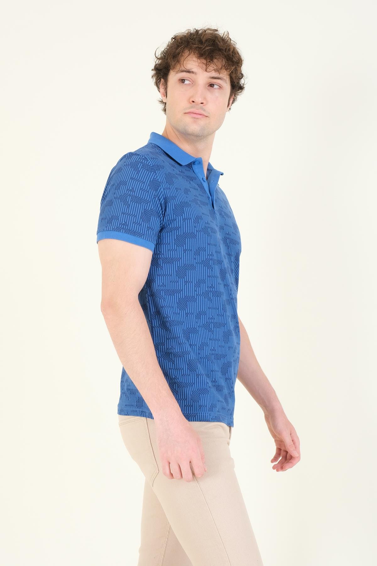 Erkek Polo Yaka Desenli T-Shirt Mavi