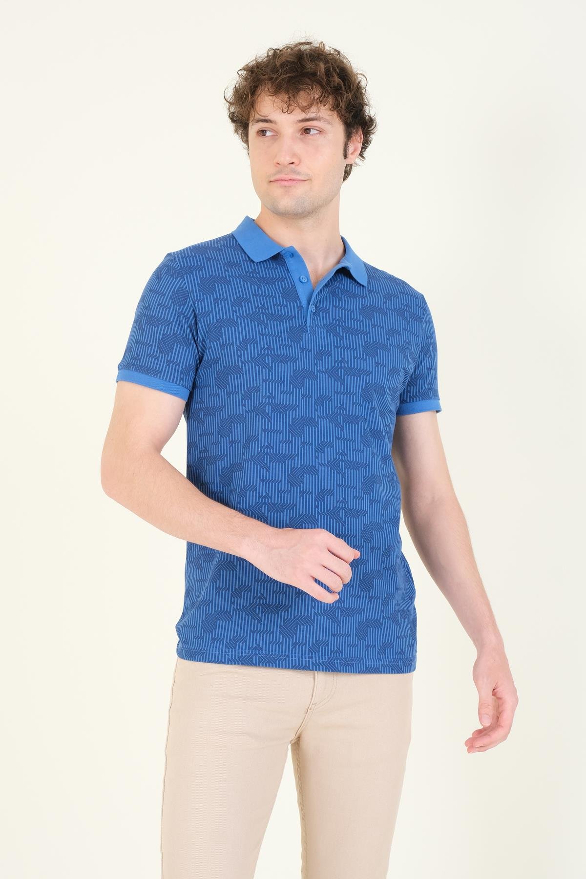 Erkek Polo Yaka Desenli T-Shirt Mavi