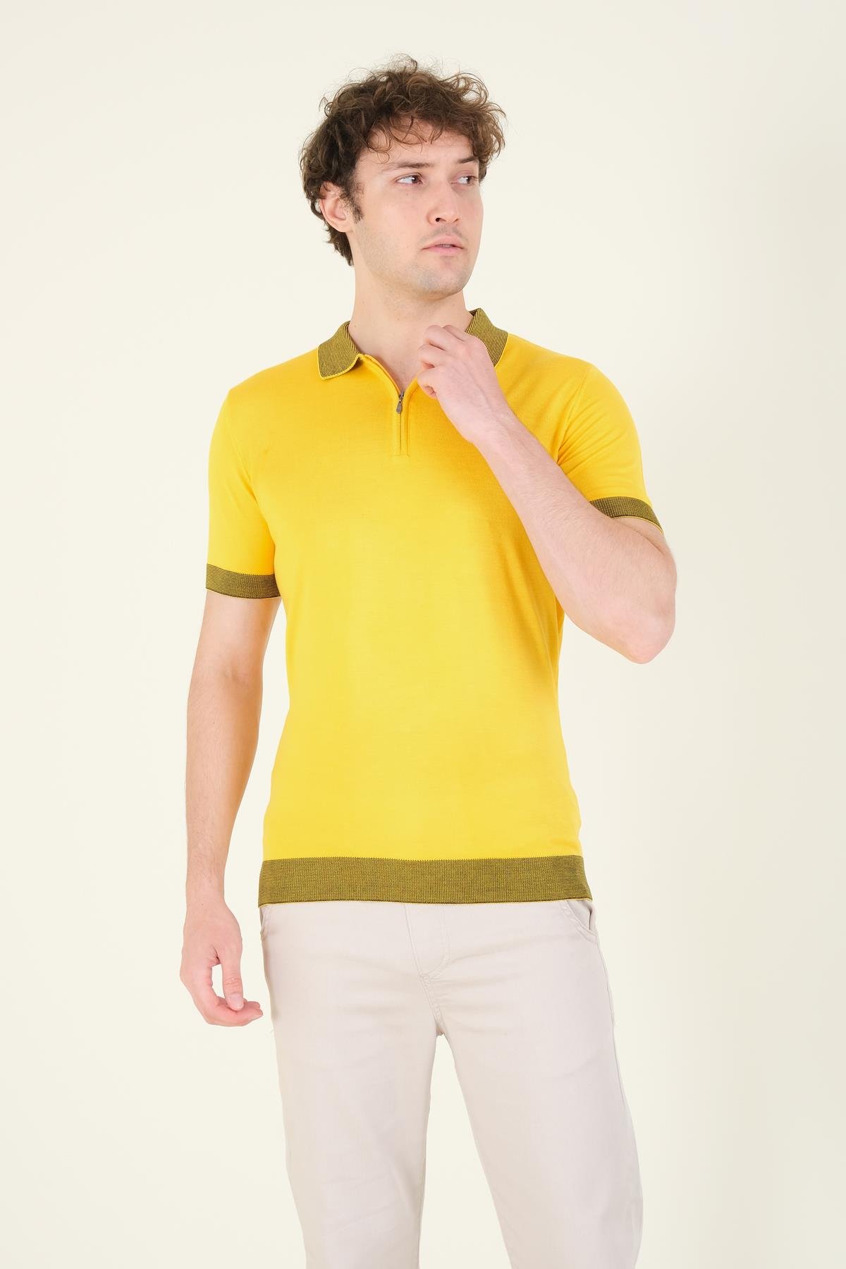 Erkek Renkli Yaka Yarım Fermuarlı Polo Yaka Merserize T-Shirt Sarı