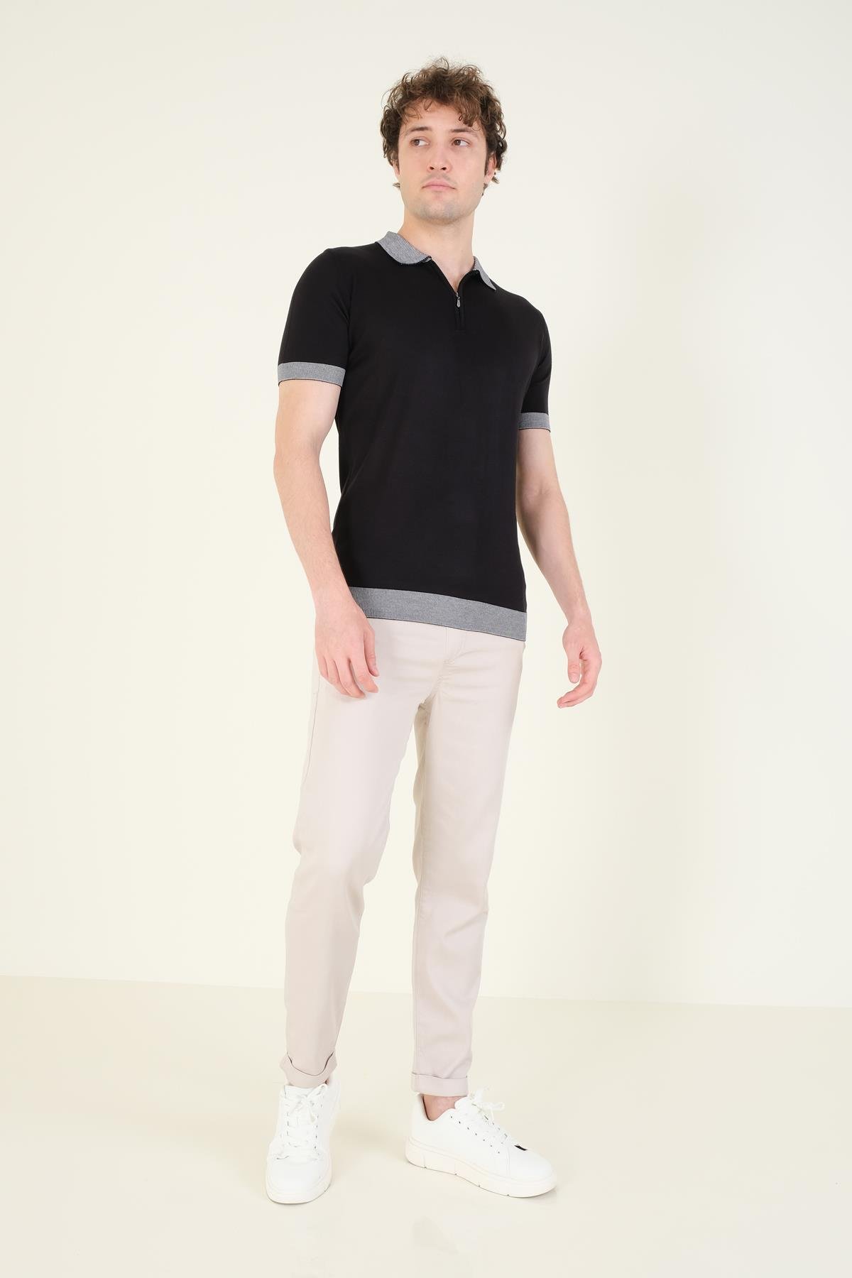 Erkek Renkli Yaka Yarım Fermuarlı Polo Yaka Merserize T-Shirt Siyah