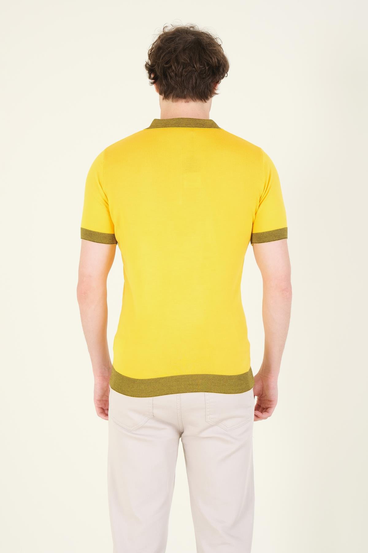 Erkek Renkli Yaka Yarım Fermuarlı Polo Yaka Merserize T-Shirt Sarı