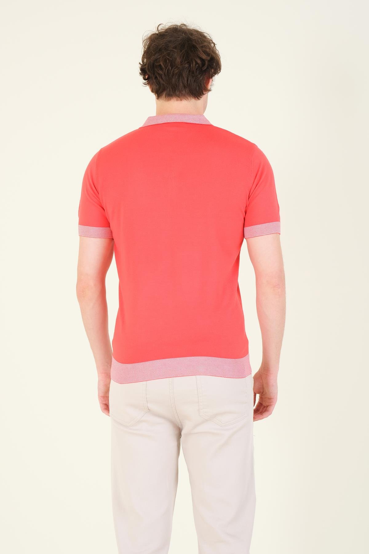 Erkek Renkli Yaka Yarım Fermuarlı Polo Yaka Merserize T-Shirt Mercan