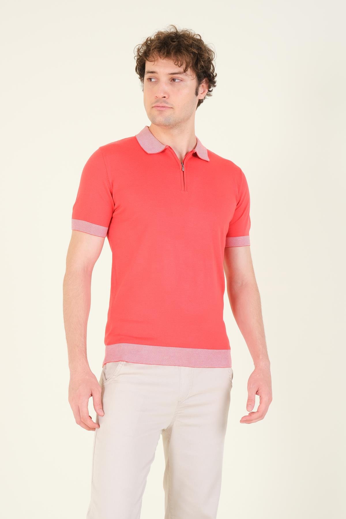 Erkek Renkli Yaka Yarım Fermuarlı Polo Yaka Merserize T-Shirt Mercan