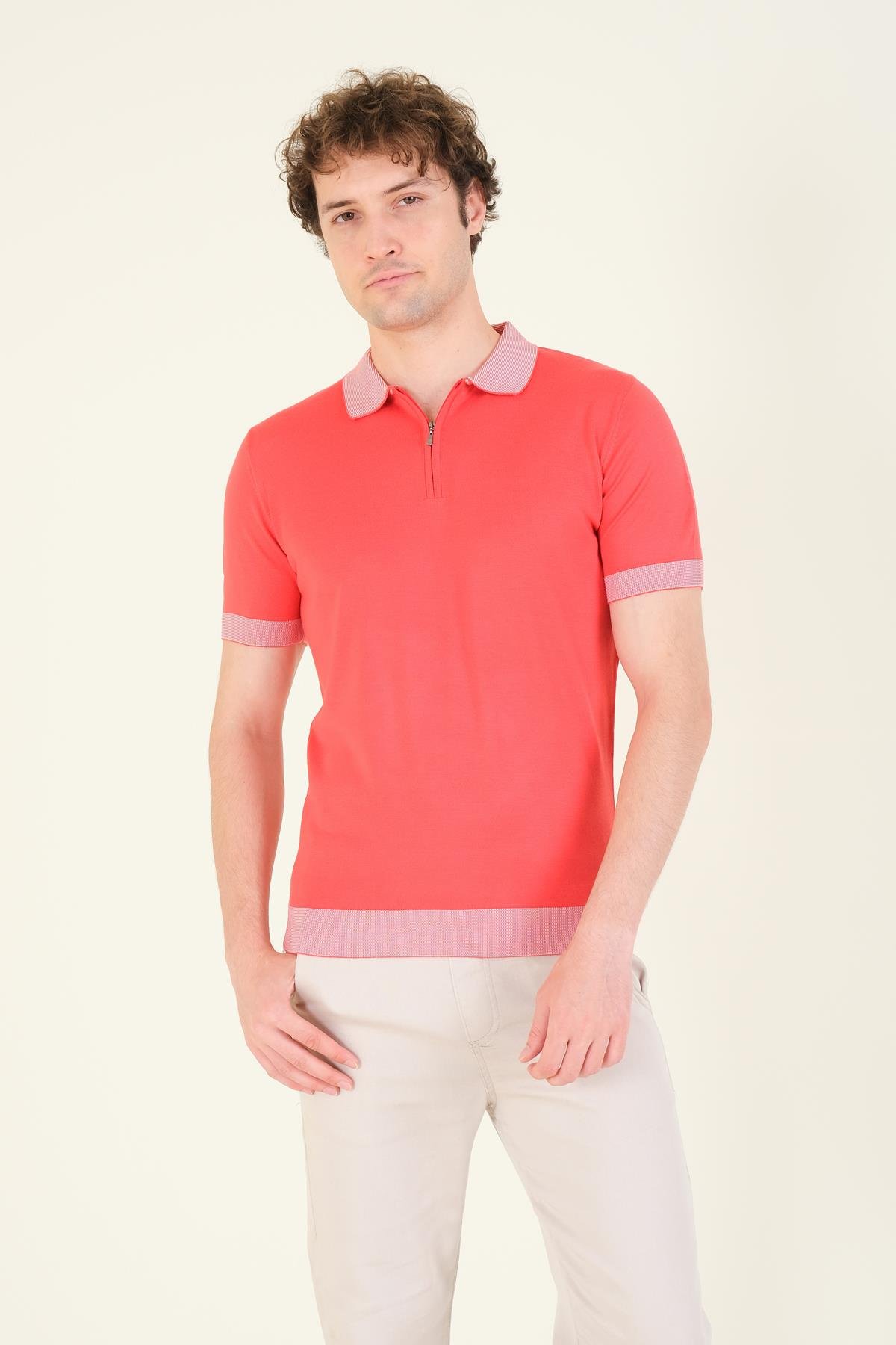 Erkek Renkli Yaka Yarım Fermuarlı Polo Yaka Merserize T-Shirt Mercan