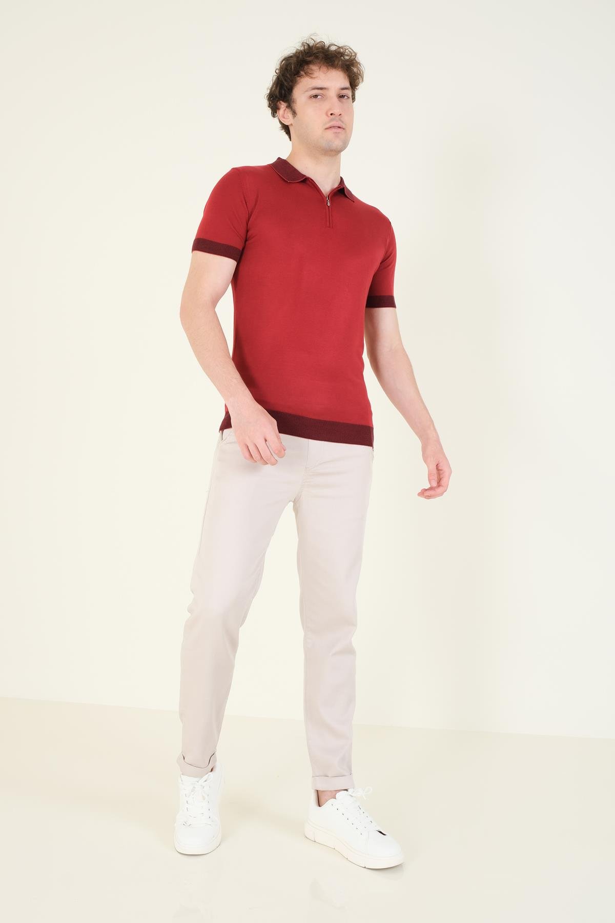 Erkek Renkli Yaka Yarım Fermuarlı Polo Yaka Merserize T-Shirt Bordo