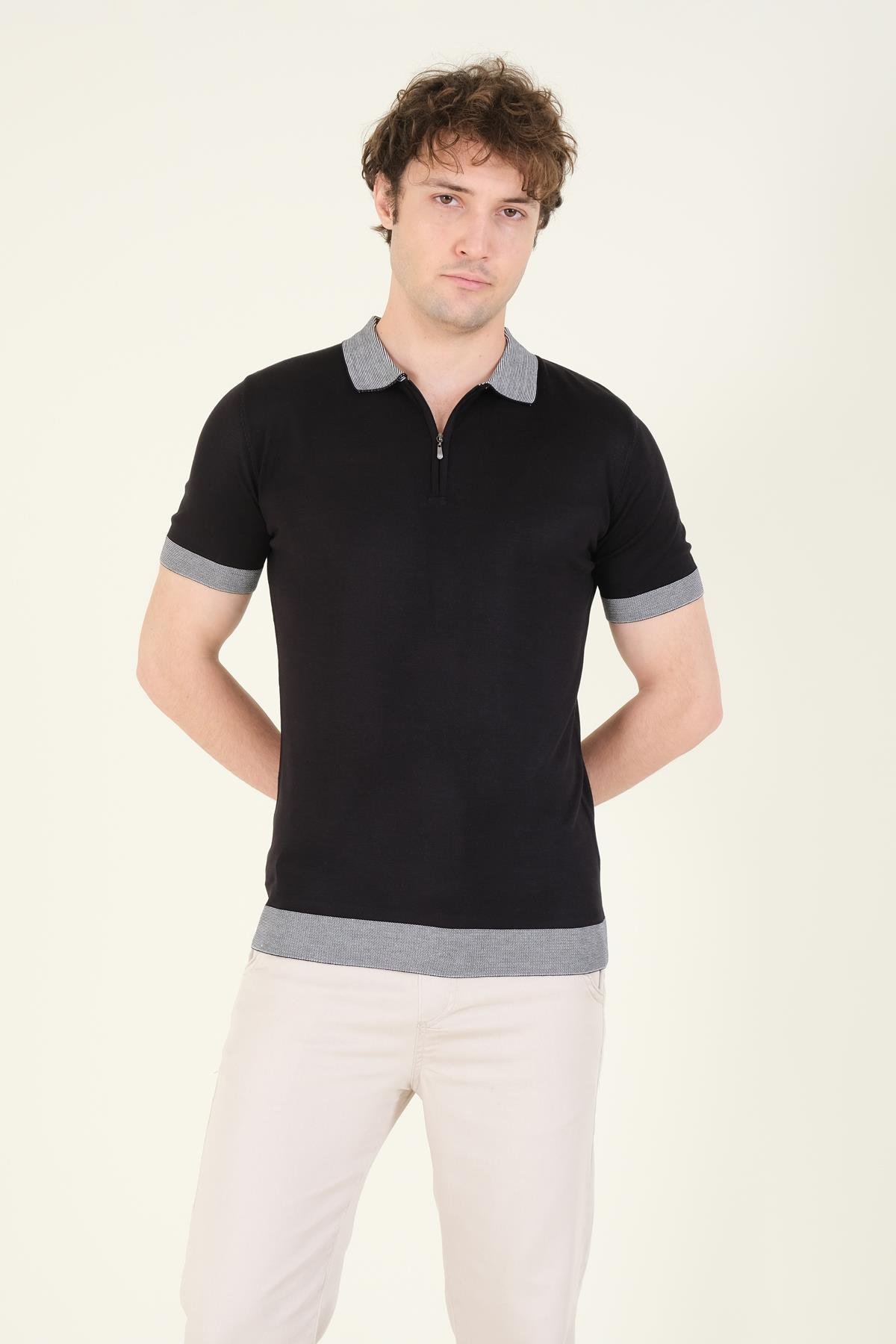 Erkek Renkli Yaka Yarım Fermuarlı Polo Yaka Merserize T-Shirt Siyah
