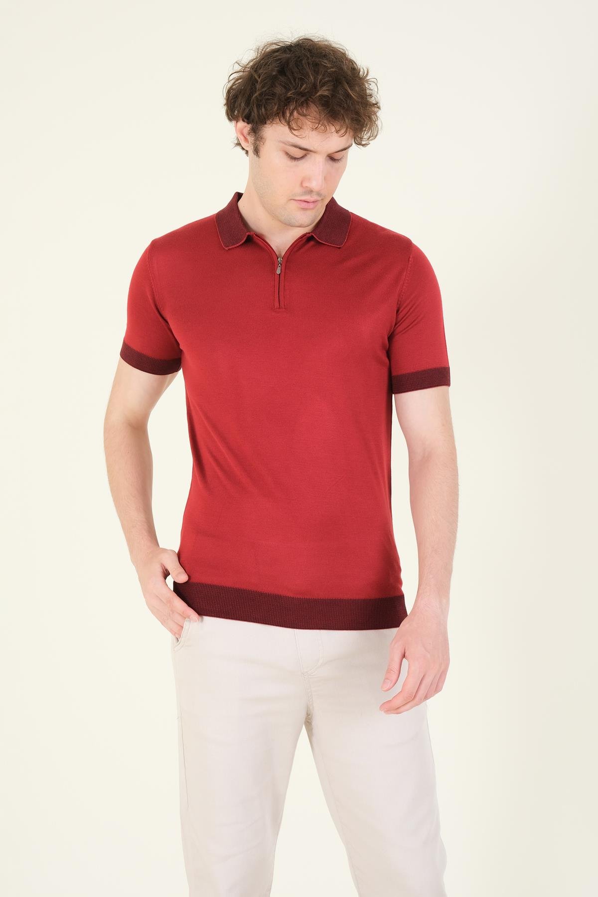 Erkek Renkli Yaka Yarım Fermuarlı Polo Yaka Merserize T-Shirt Bordo