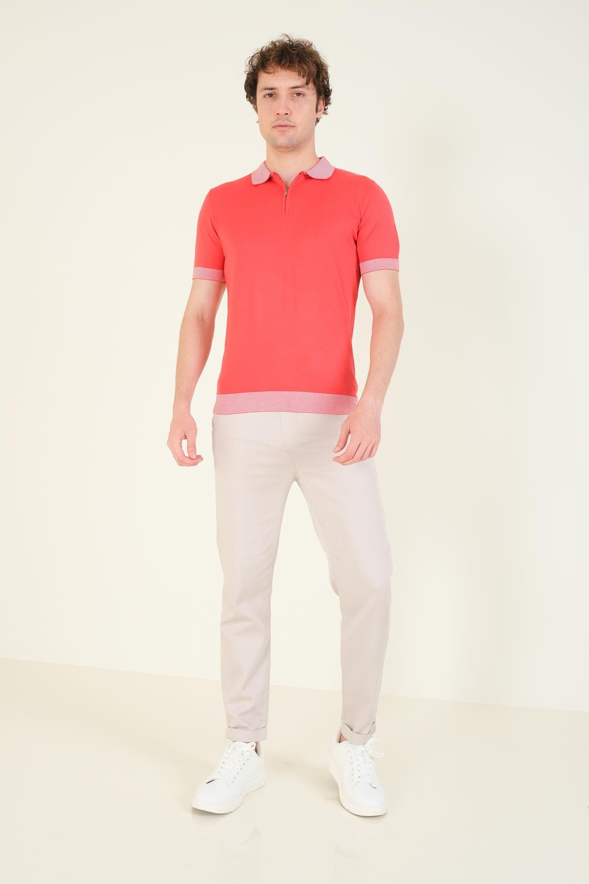 Erkek Renkli Yaka Yarım Fermuarlı Polo Yaka Merserize T-Shirt Mercan