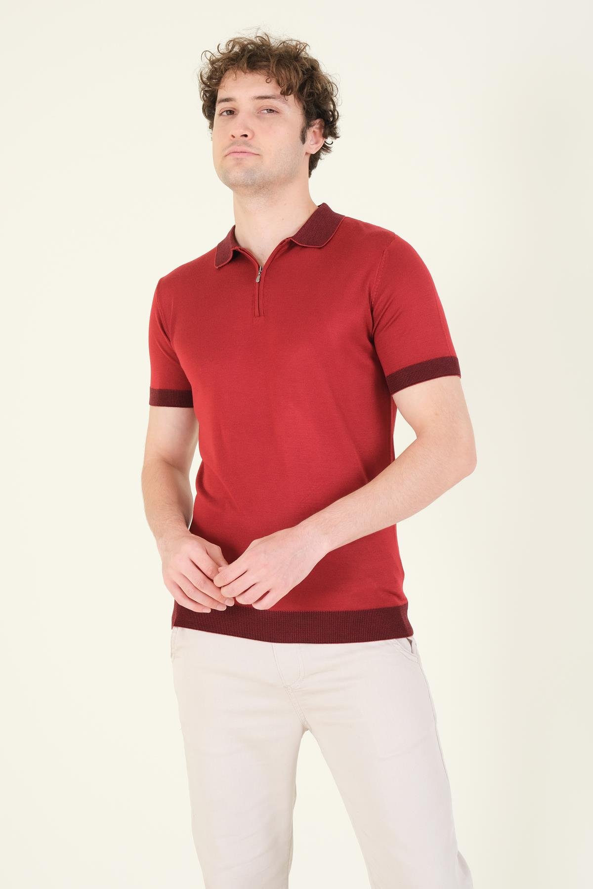 Erkek Renkli Yaka Yarım Fermuarlı Polo Yaka Merserize T-Shirt Bordo