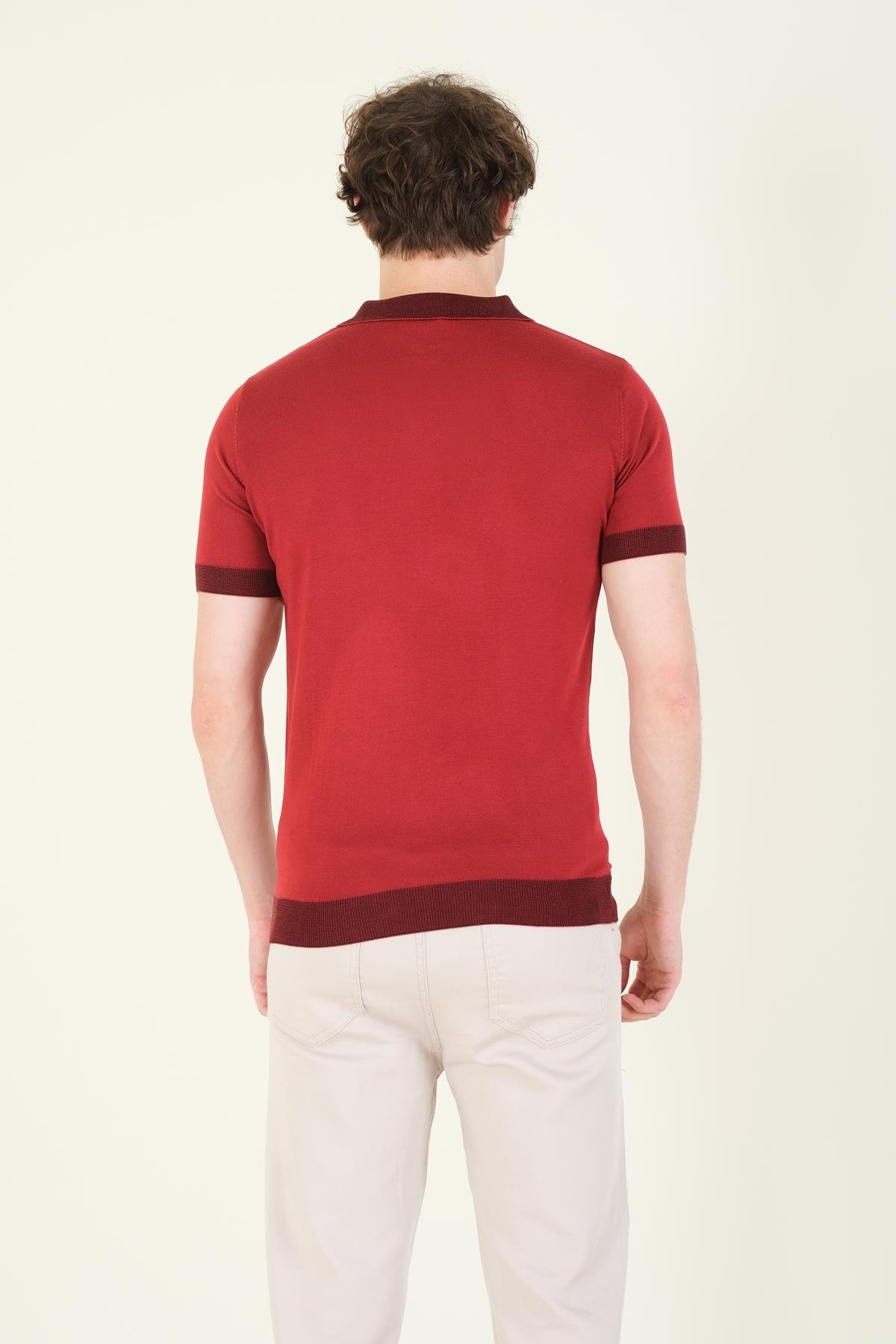 Erkek Renkli Yaka Yarım Fermuarlı Polo Yaka Merserize T-Shirt Bordo