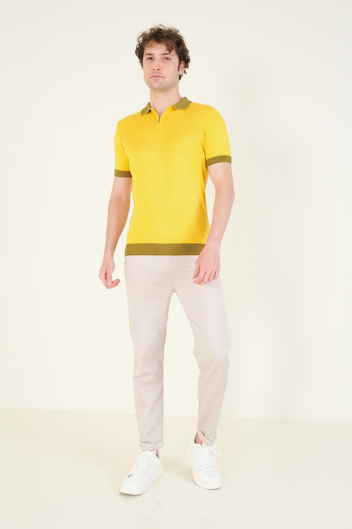 Erkek Renkli Yaka Yarım Fermuarlı Polo Yaka Merserize T-Shirt Sarı
