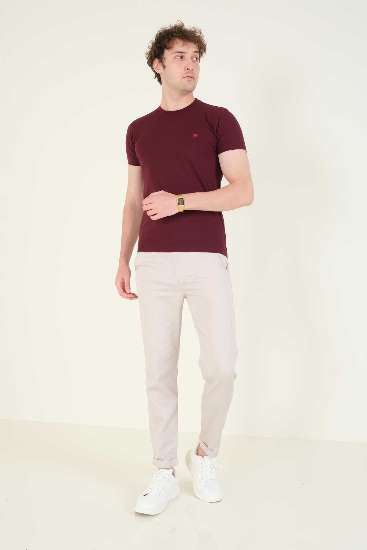 Erkek Sıfır Yaka Basic T-Shirt Bordo