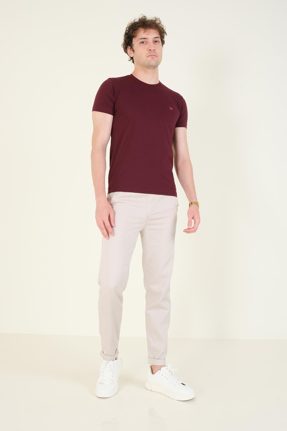Erkek Sıfır Yaka Basic T-Shirt Bordo