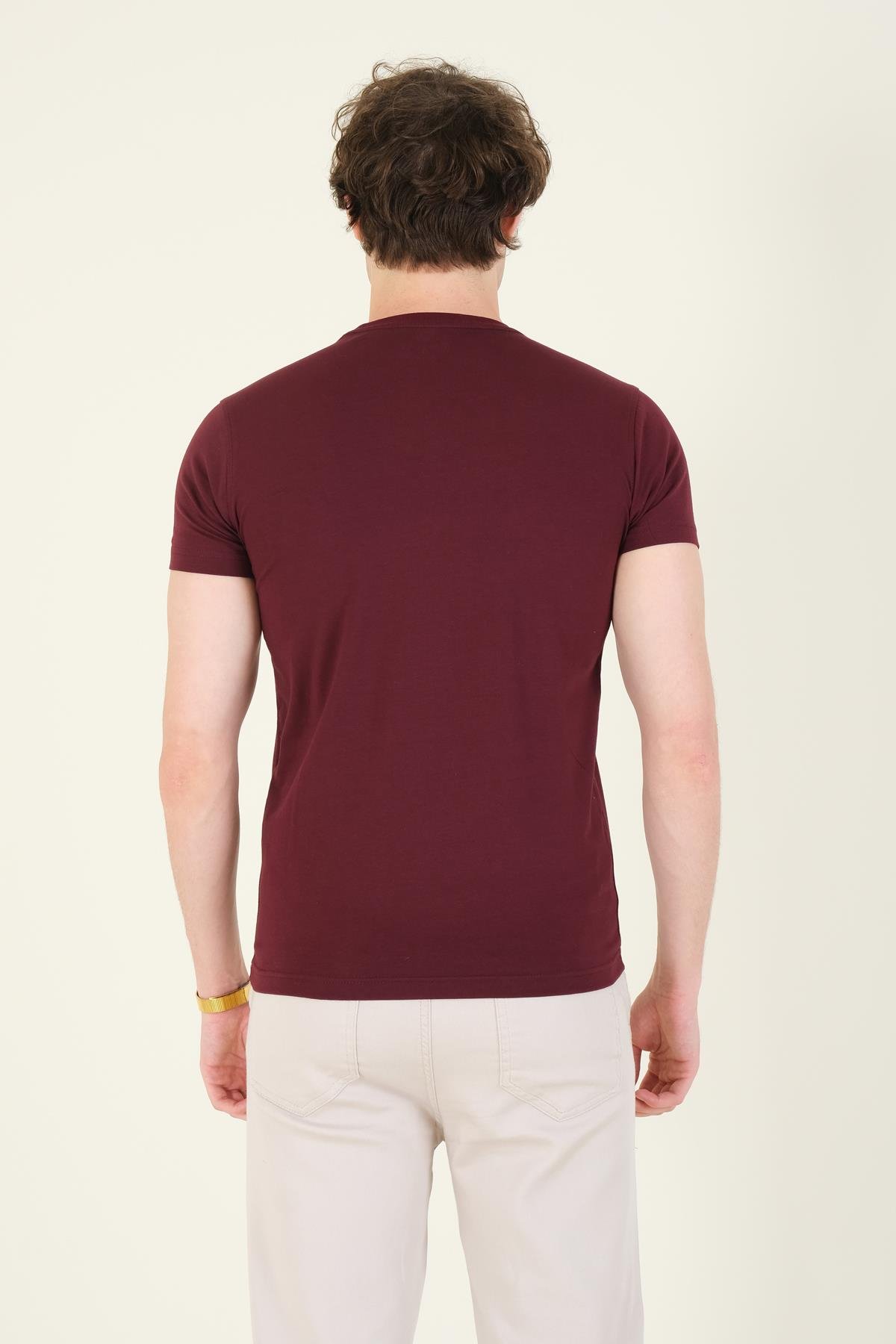 Erkek Sıfır Yaka Basic T-Shirt Bordo