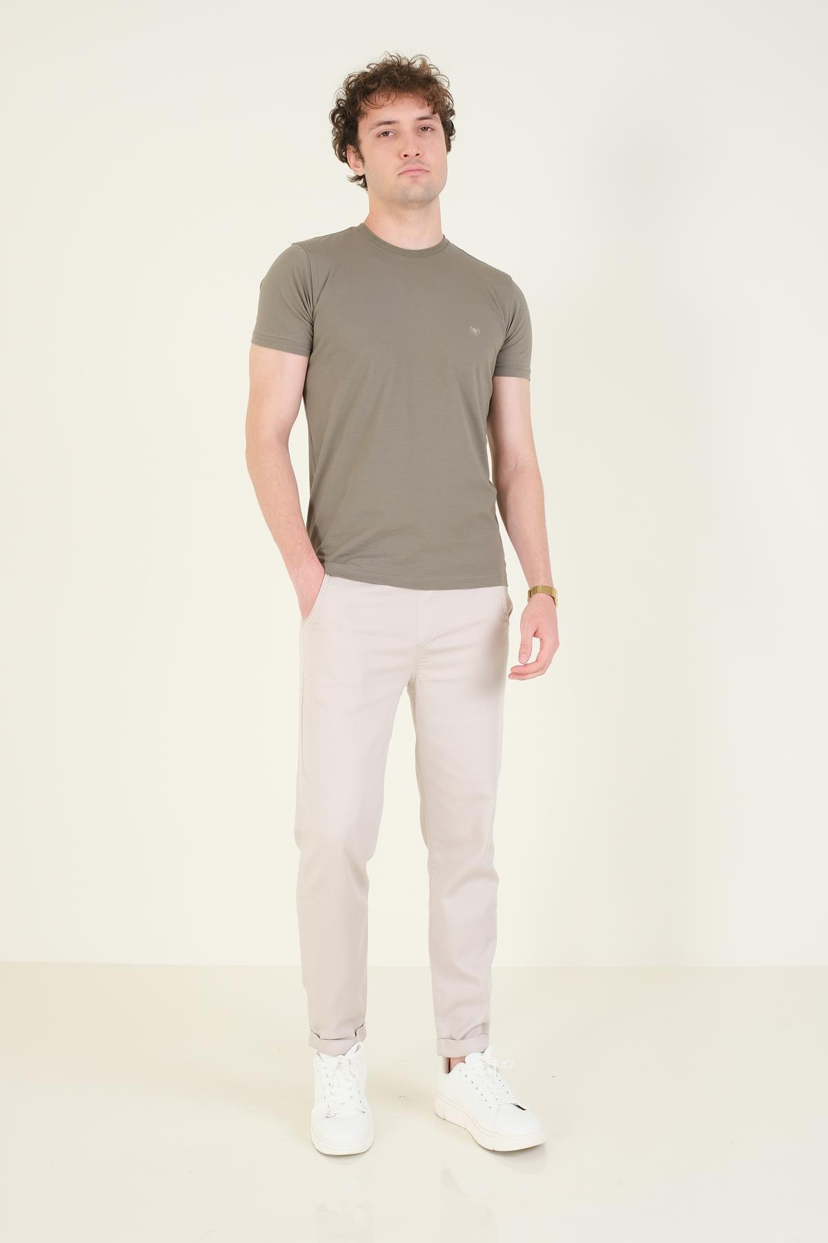 Erkek Sıfır Yaka Basic T-Shirt Haki