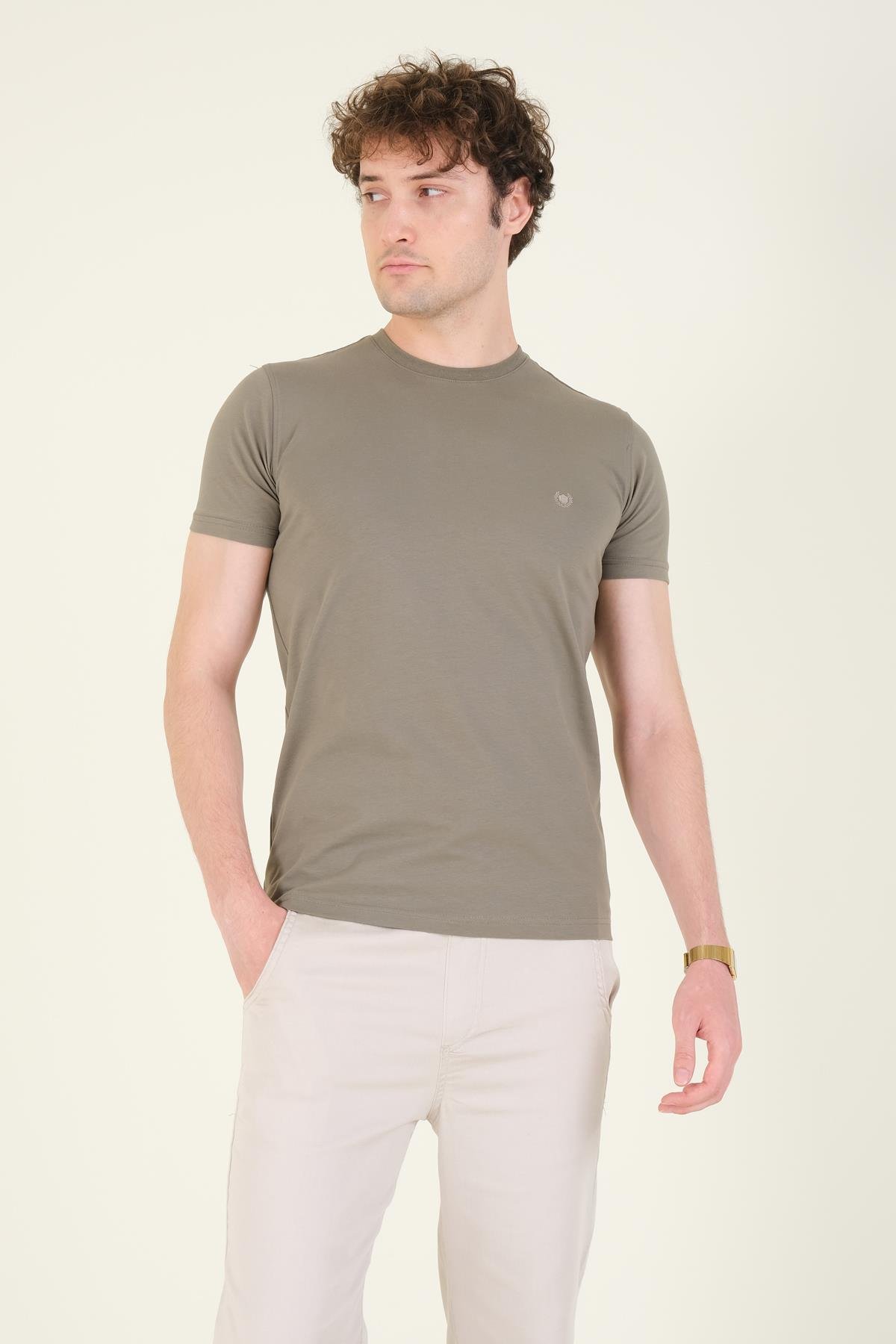 Erkek Sıfır Yaka Basic T-Shirt Haki