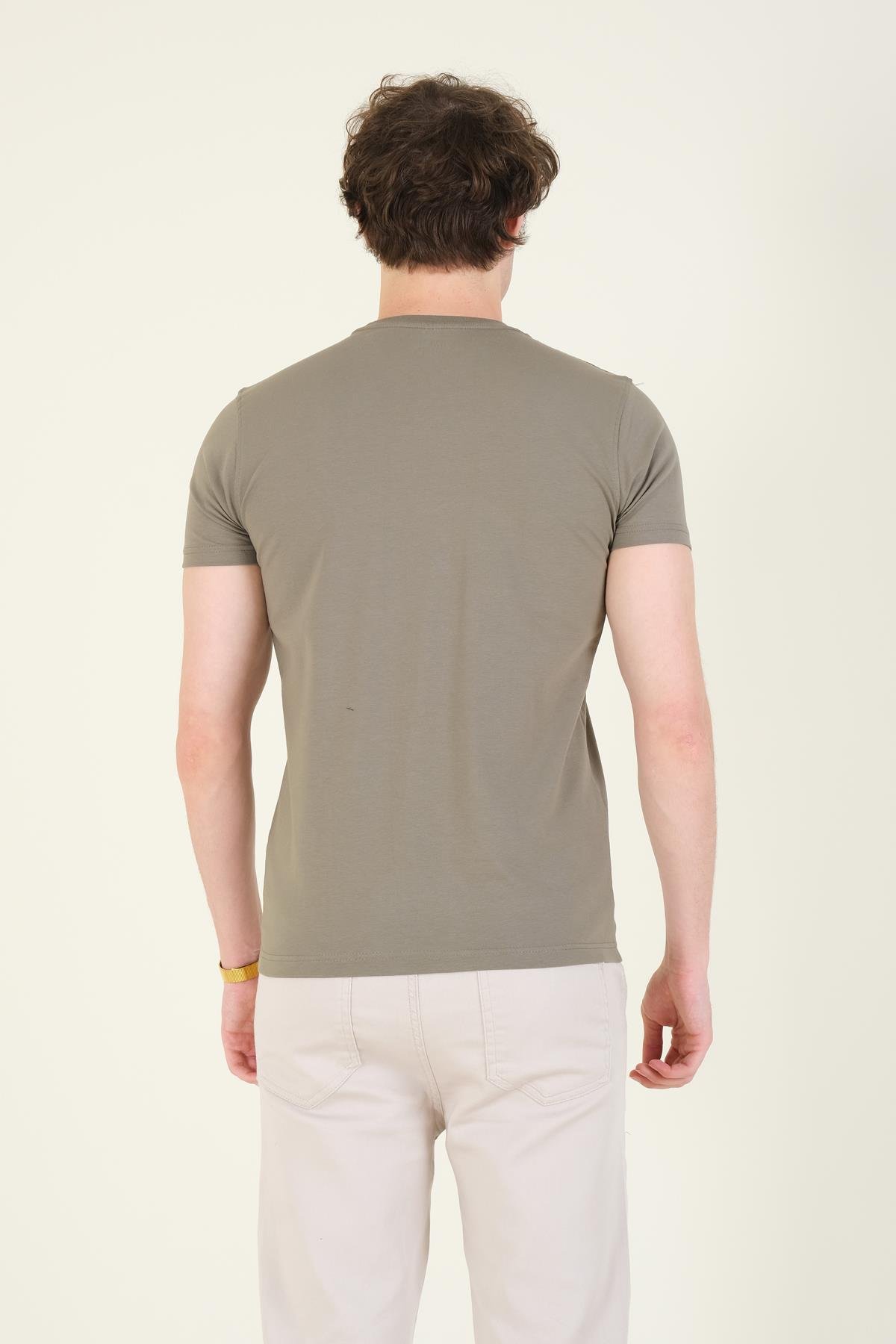 Erkek Sıfır Yaka Basic T-Shirt Haki