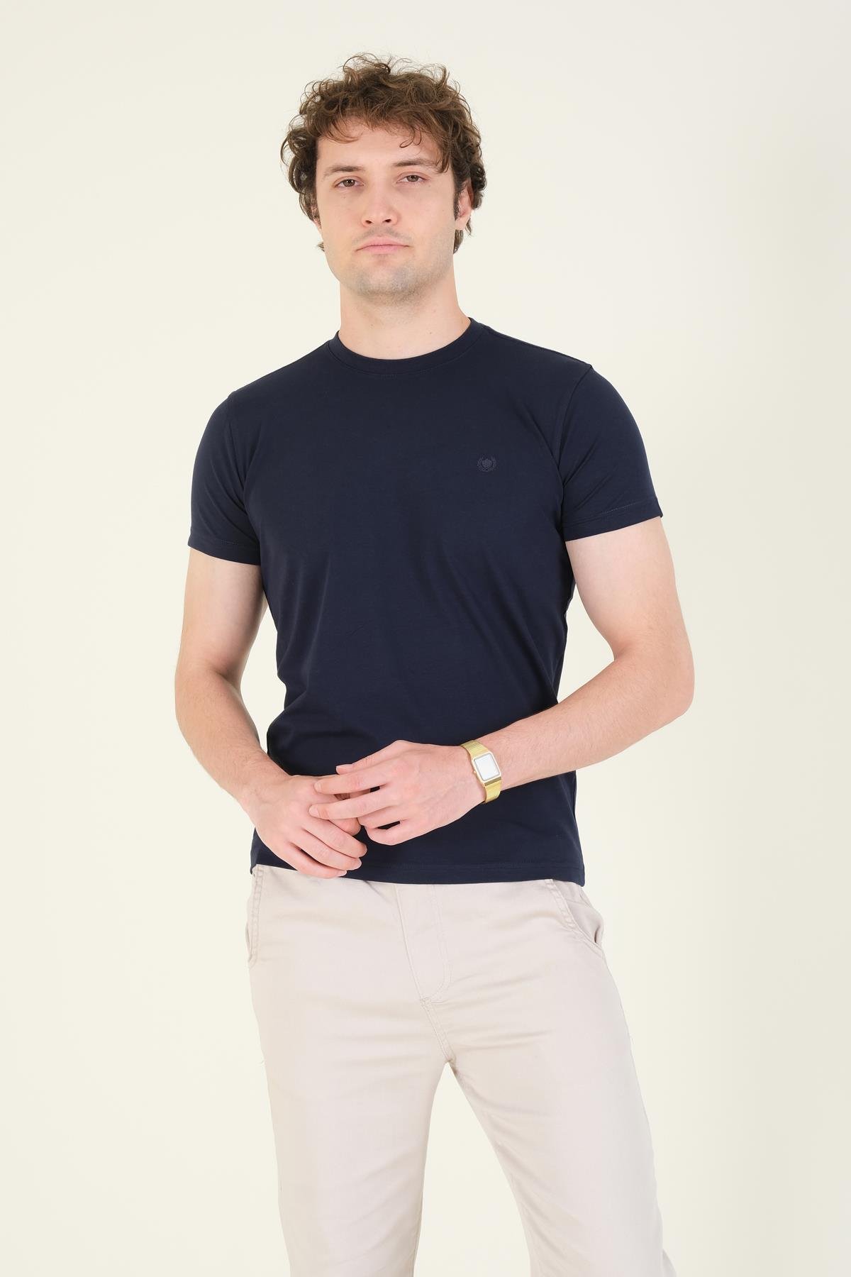 Erkek Sıfır Yaka Basic T-Shirt Lacivert