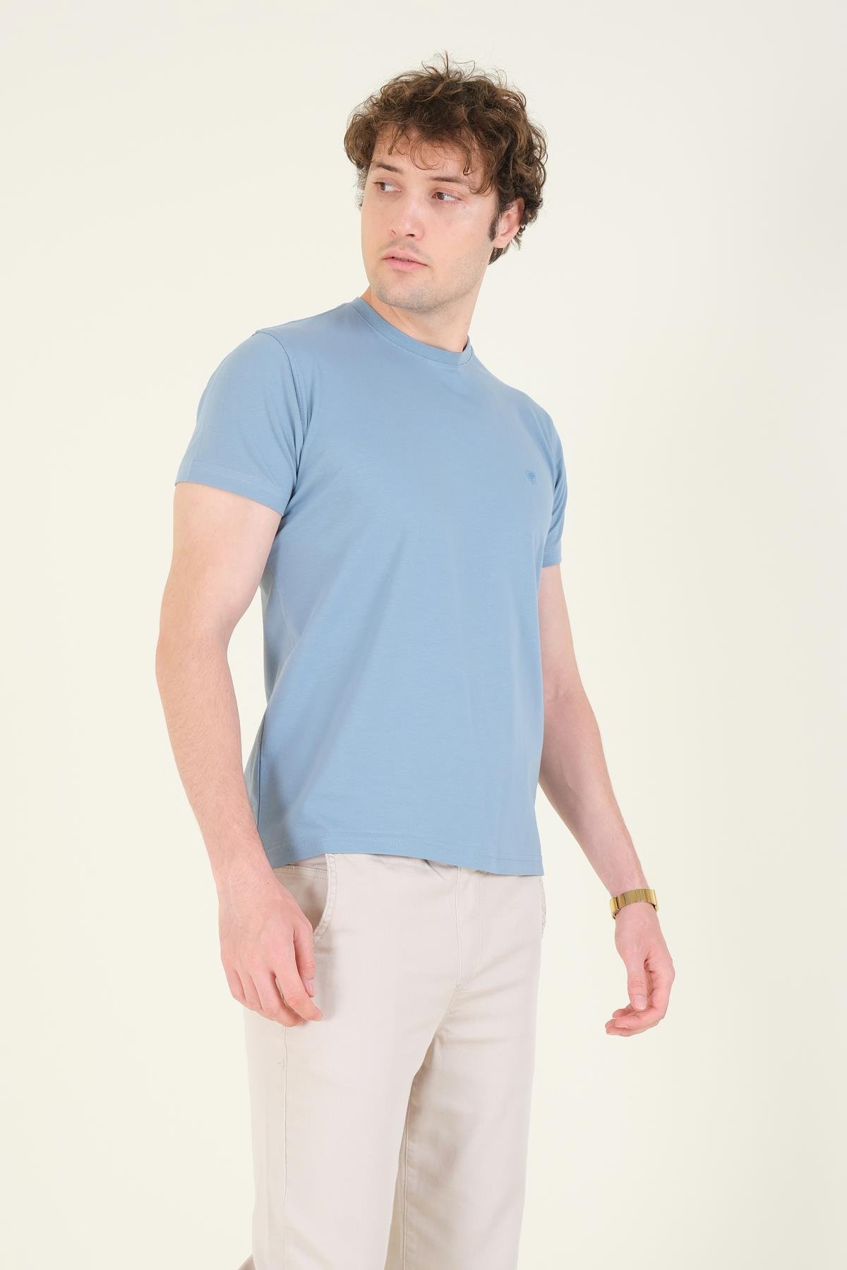 Erkek Sıfır Yaka Basic T-Shirt Mavi