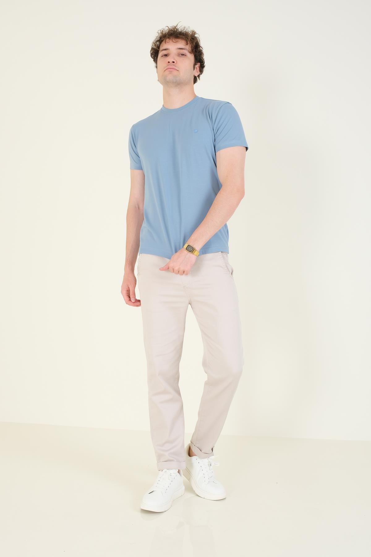 Erkek Sıfır Yaka Basic T-Shirt Mavi