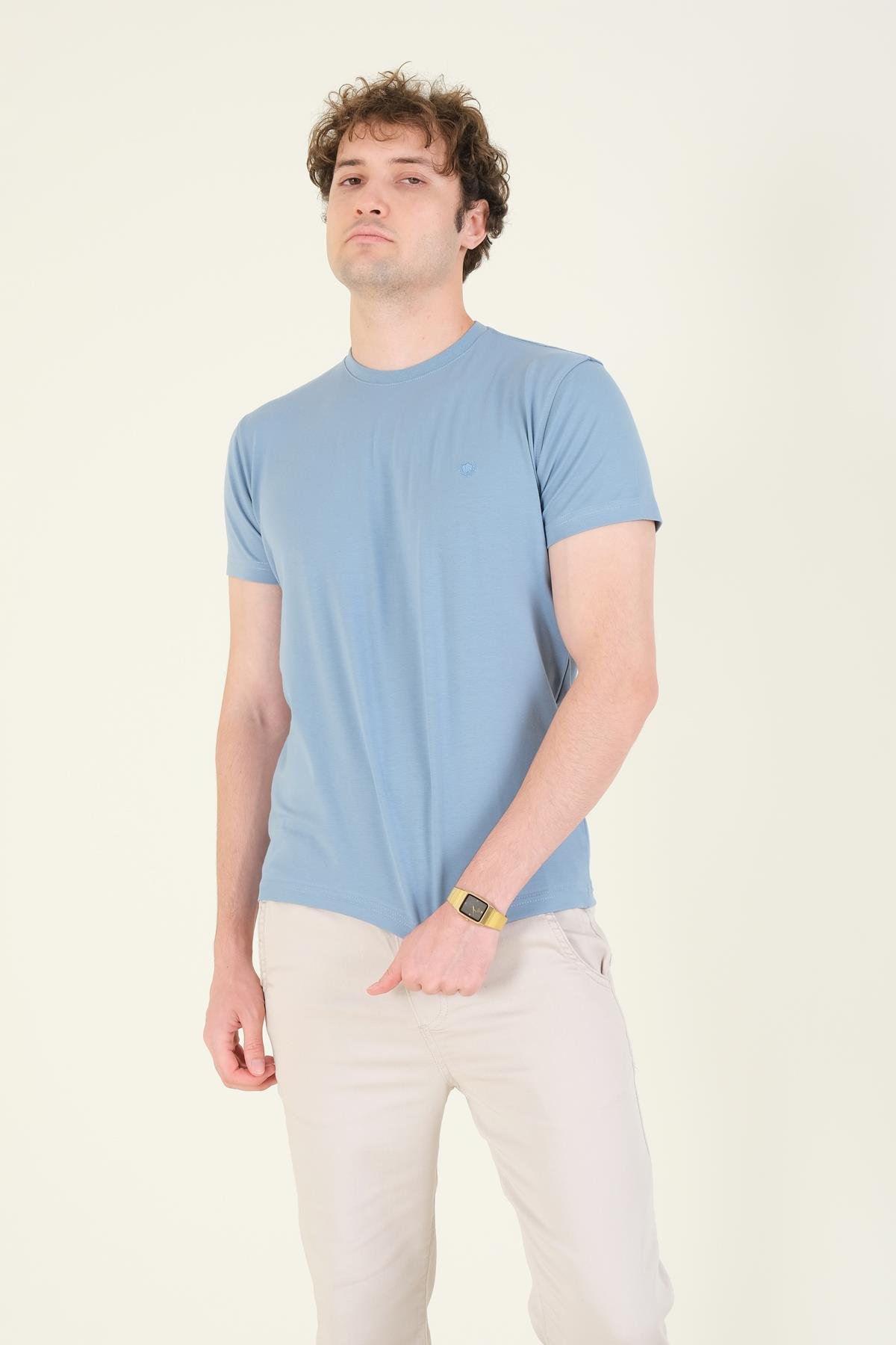 Erkek Sıfır Yaka Basic T-Shirt Mavi