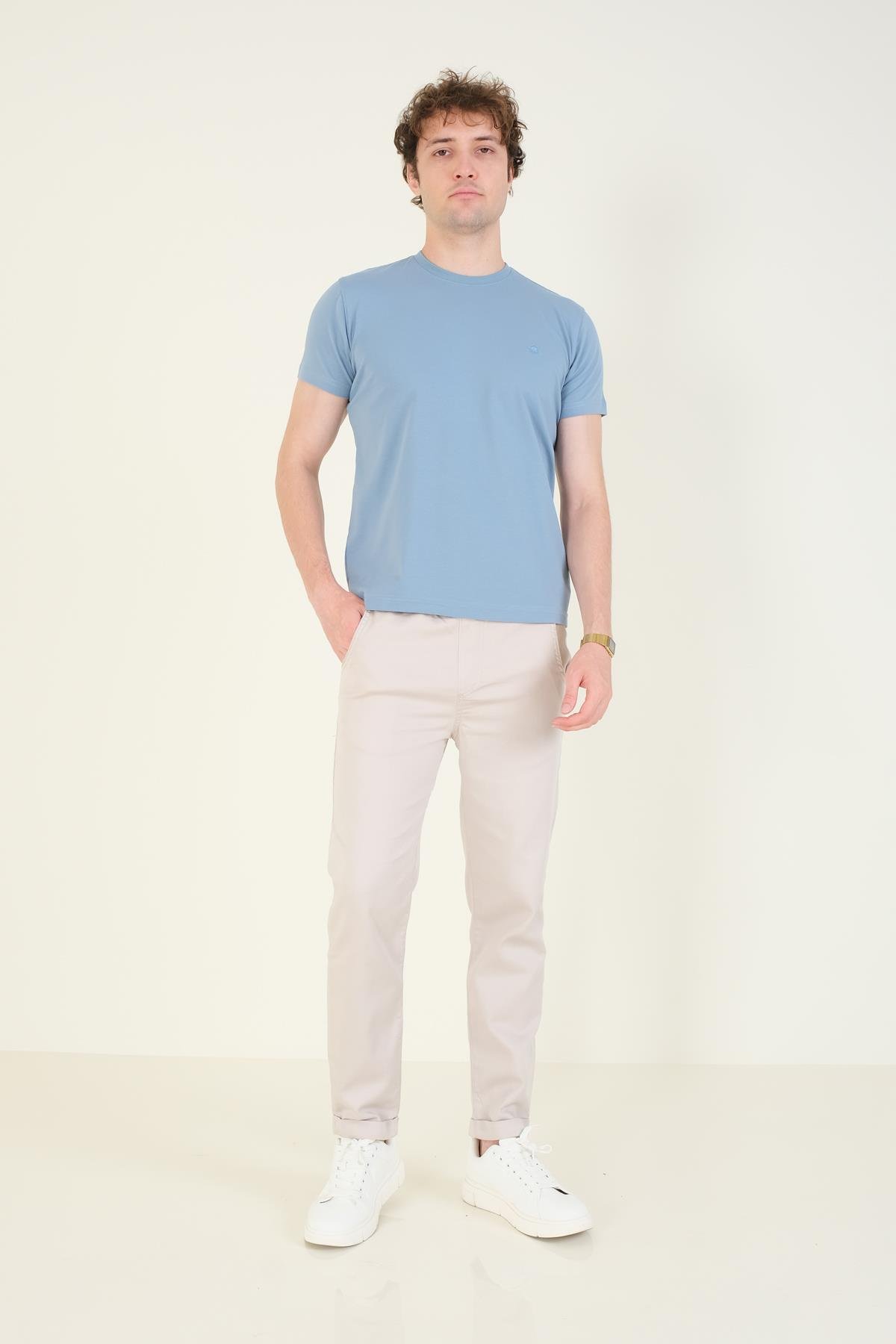 Erkek Sıfır Yaka Basic T-Shirt Mavi