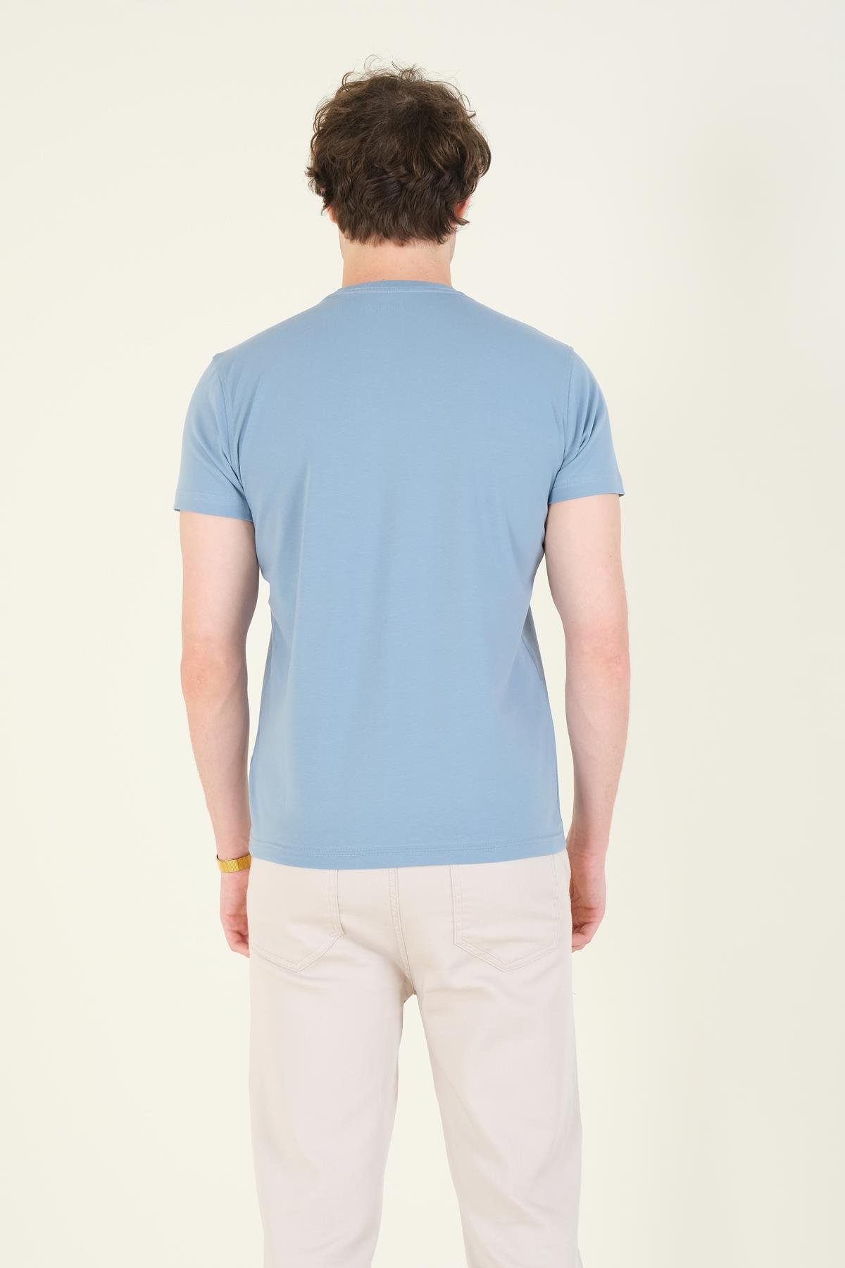 Erkek Sıfır Yaka Basic T-Shirt Mavi