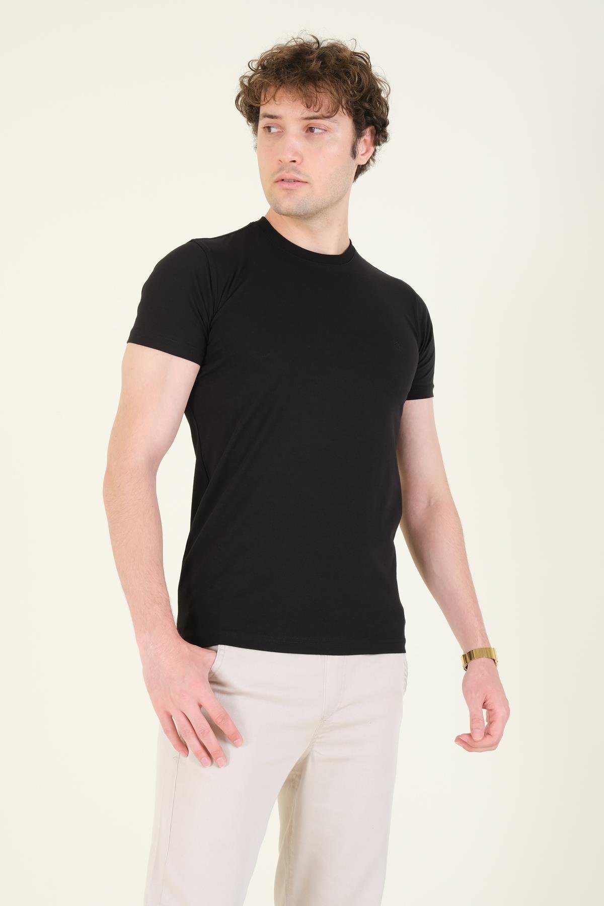 Erkek Sıfır Yaka Basic T-Shirt Siyah