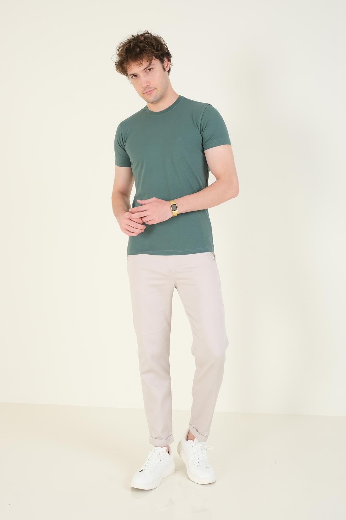 Erkek Sıfır Yaka Basic T-Shirt Yeşil