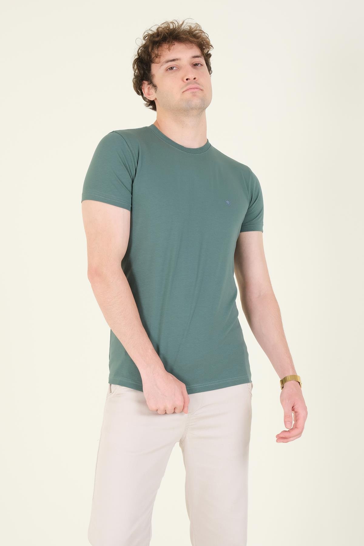 Erkek Sıfır Yaka Basic T-Shirt Yeşil