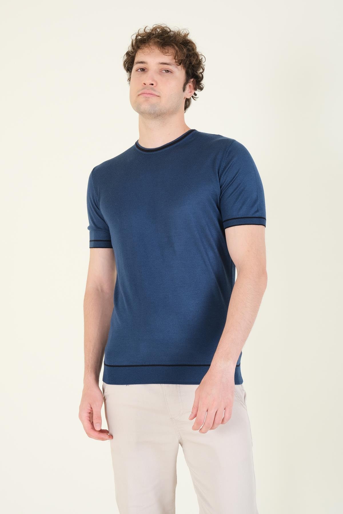 Erkek Sıfır Yaka Biyeli Merserize T-Shirt Petrol Mavi