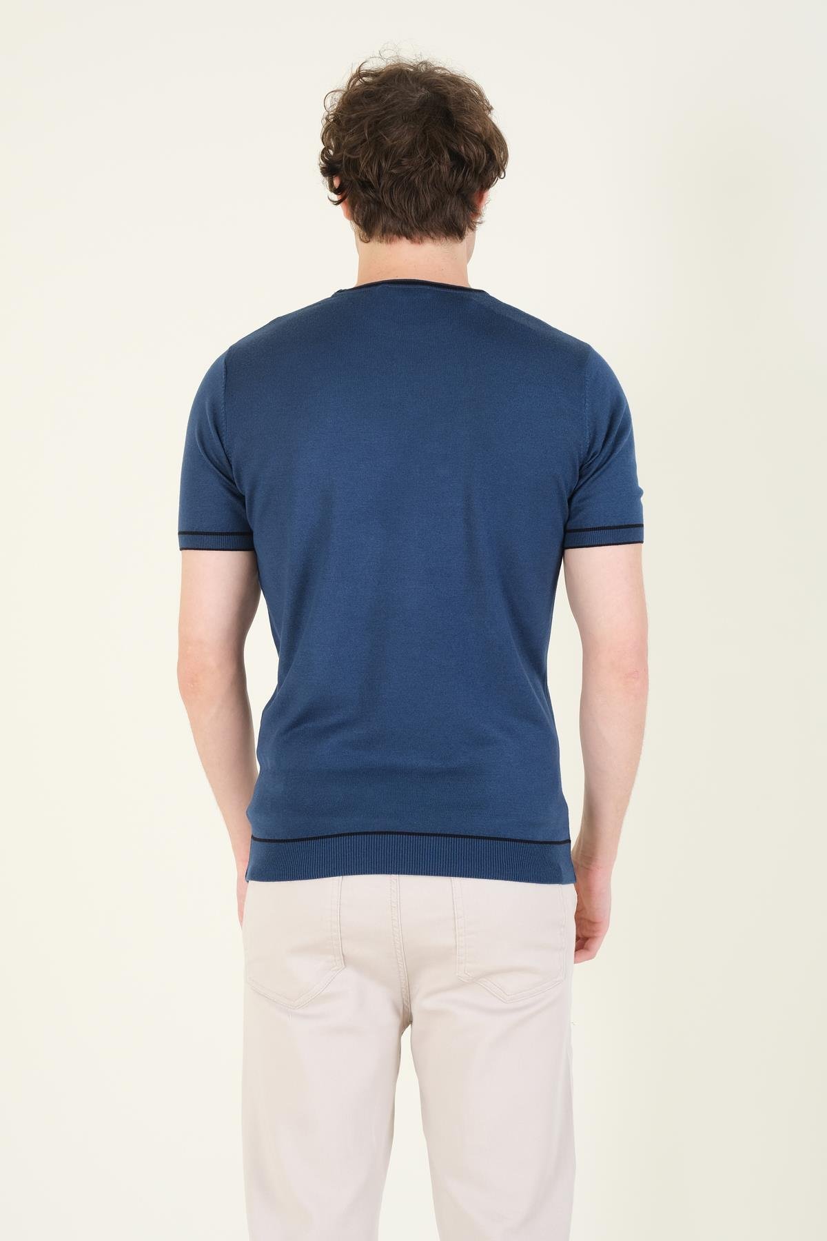Erkek Sıfır Yaka Biyeli Merserize T-Shirt Petrol Mavi