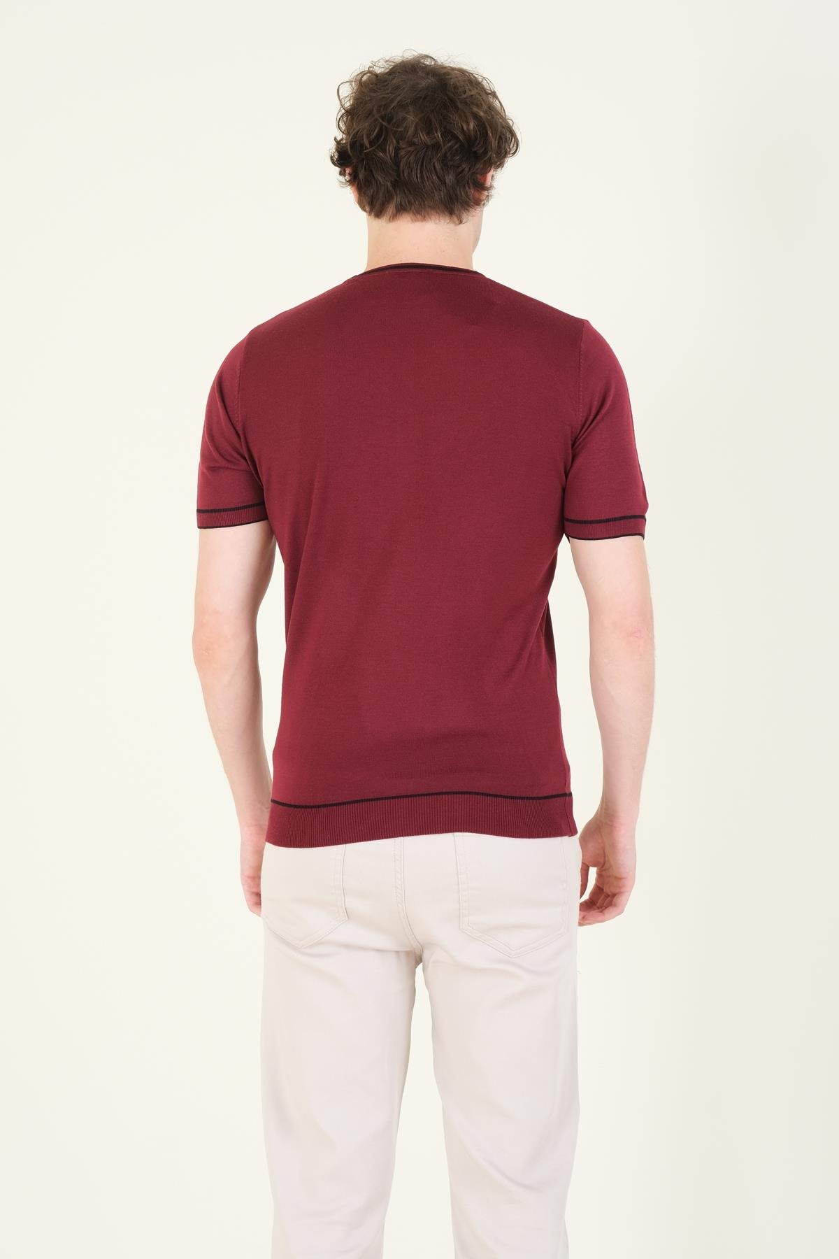 Erkek Sıfır Yaka Biyeli Merserize T-Shirt Bordo