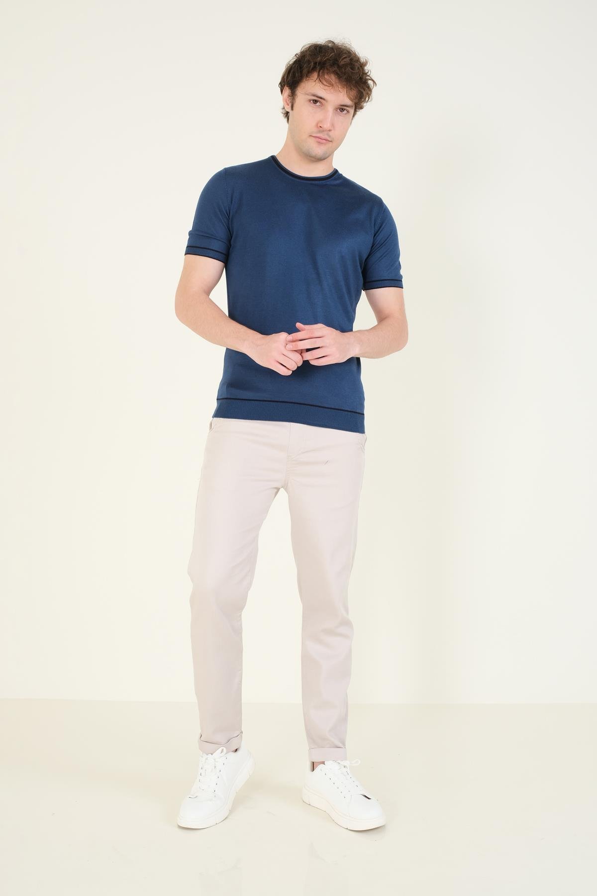 Erkek Sıfır Yaka Biyeli Merserize T-Shirt Petrol Mavi