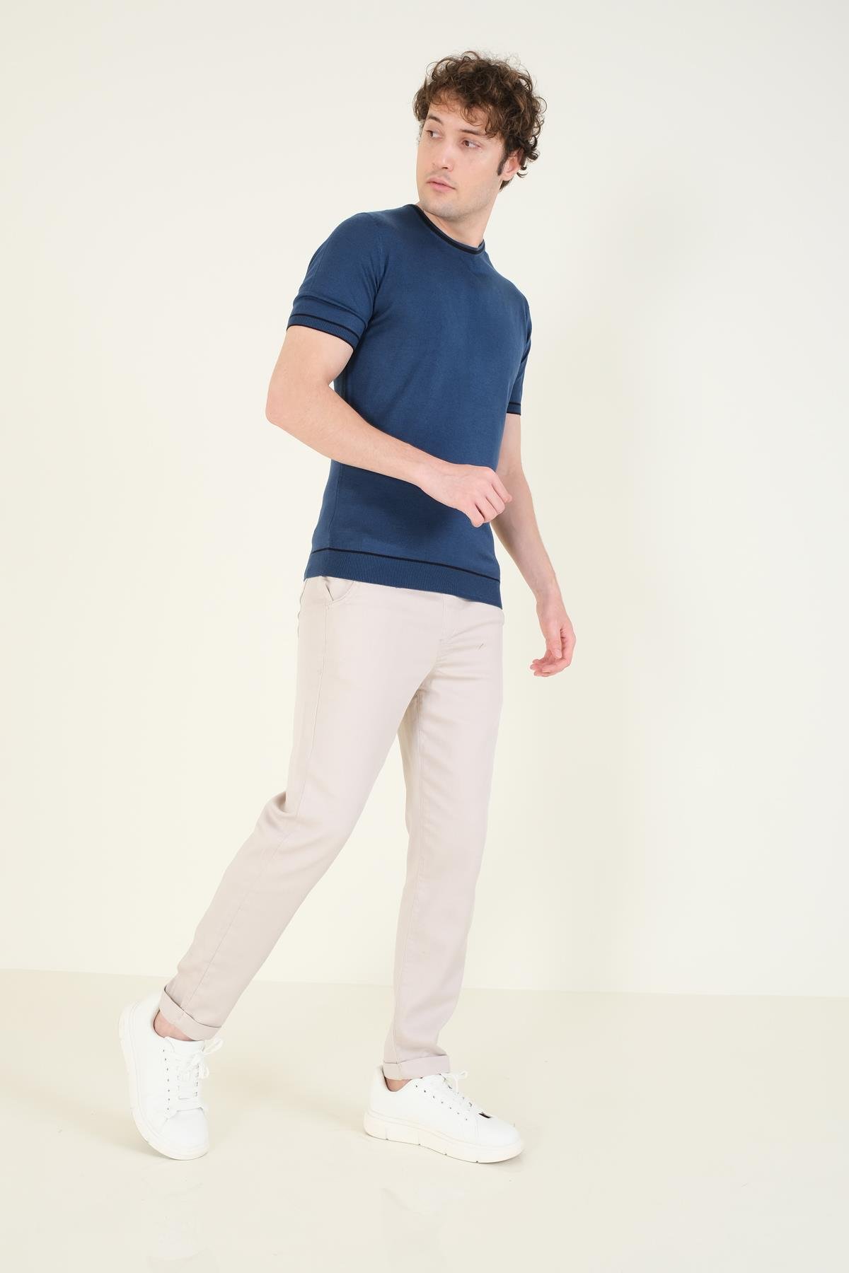 Erkek Sıfır Yaka Biyeli Merserize T-Shirt Petrol Mavi