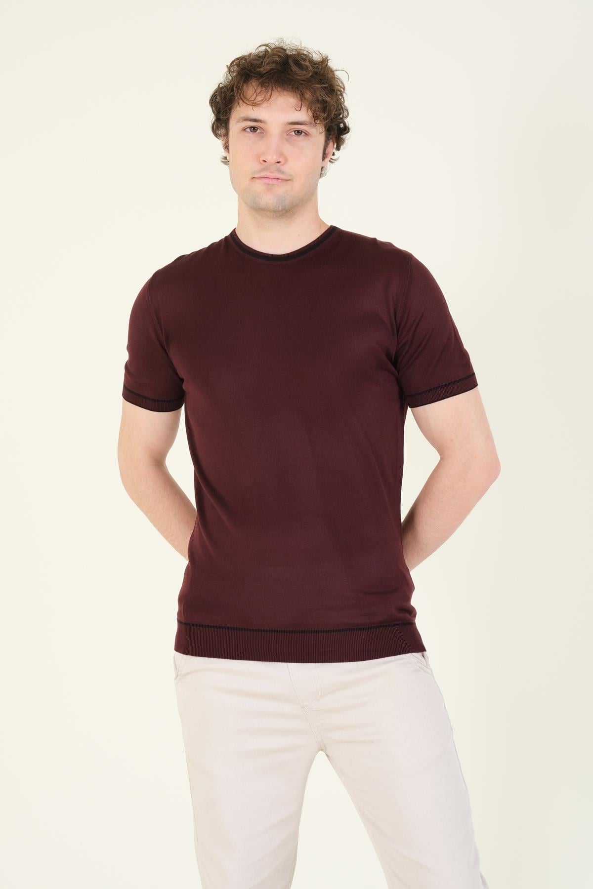 Erkek Sıfır Yaka Biyeli Merserize T-Shirt Mürdüm