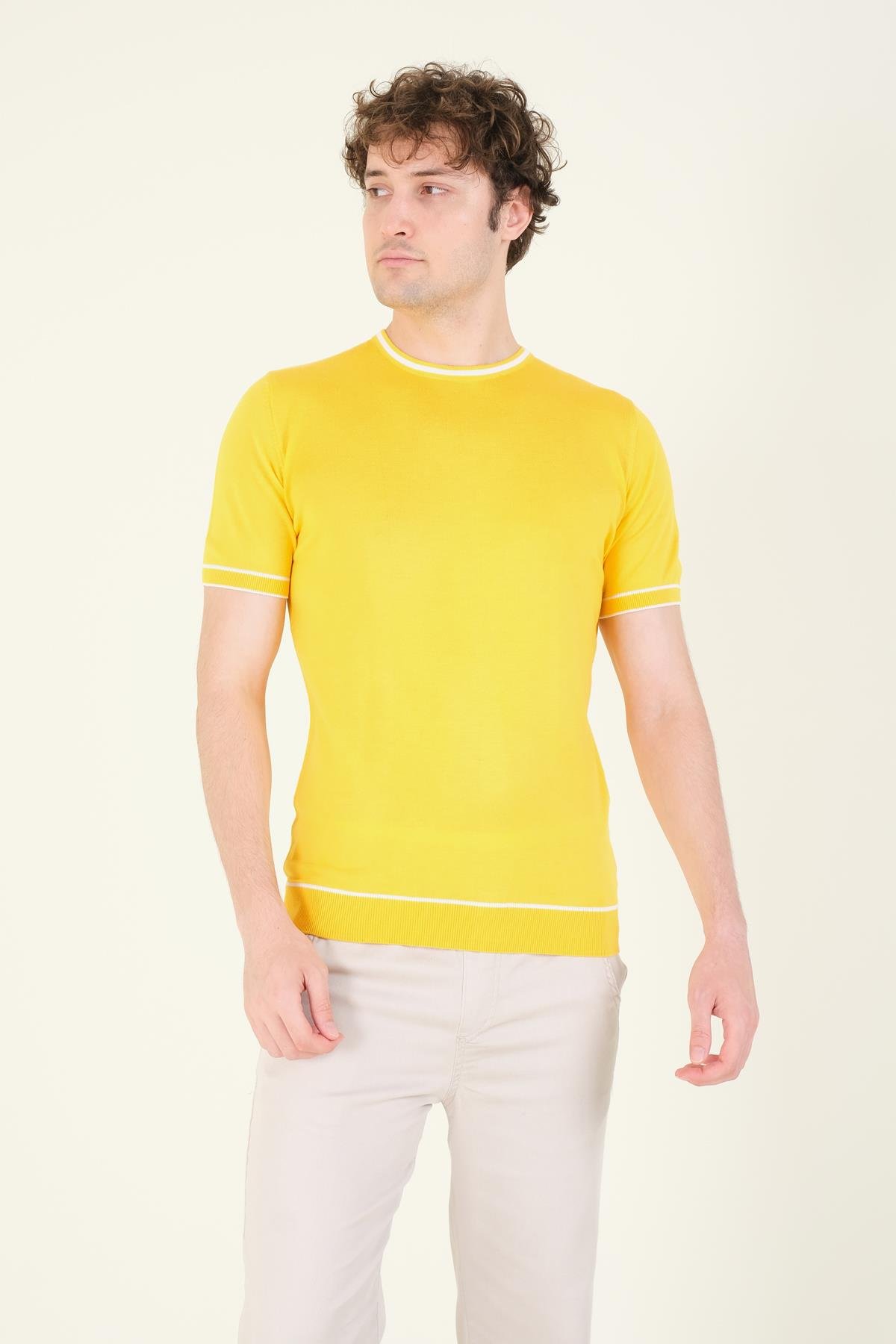 Erkek Sıfır Yaka Biyeli Merserize T-Shirt Sarı
