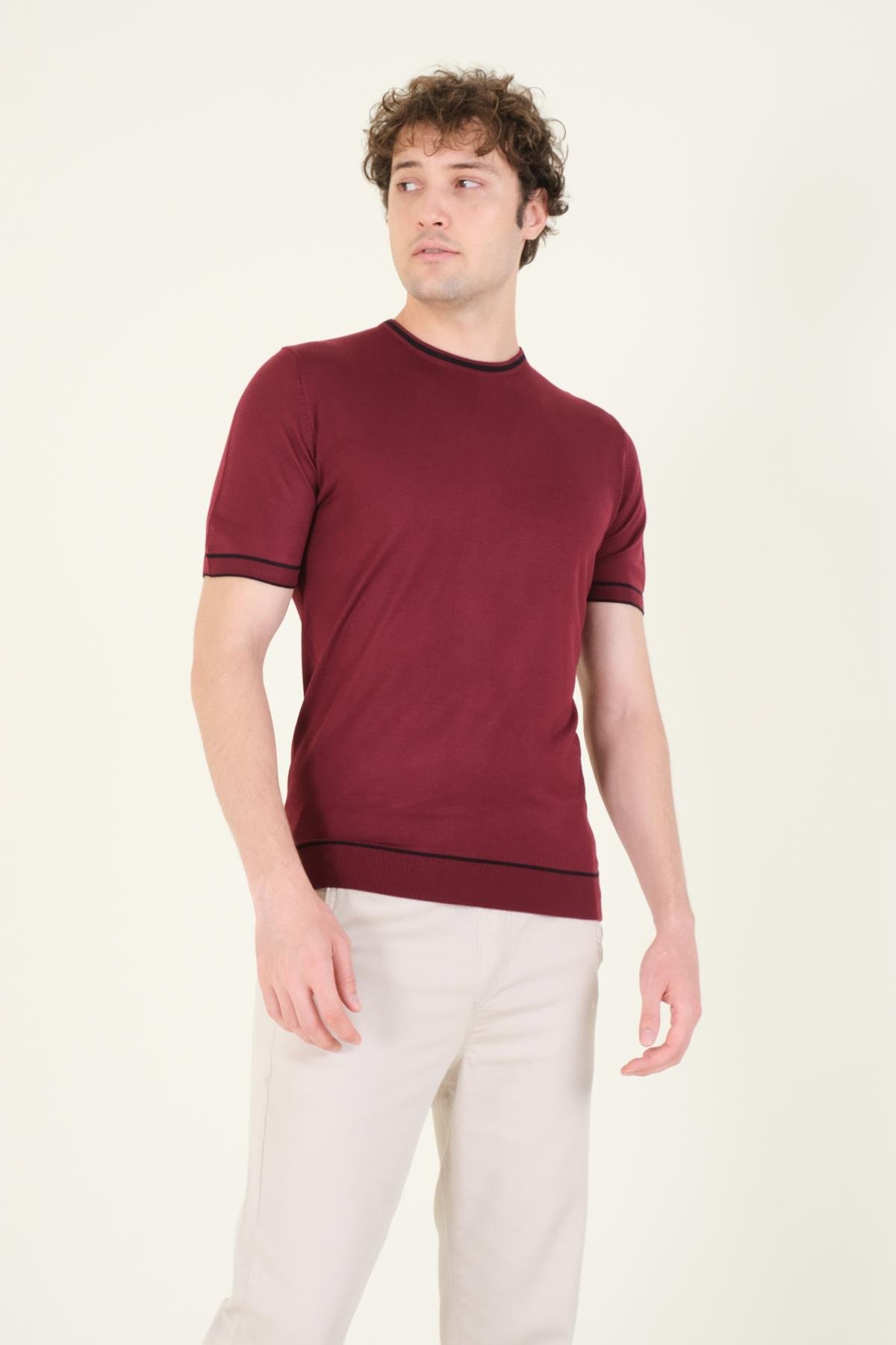 Erkek Sıfır Yaka Biyeli Merserize T-Shirt Bordo