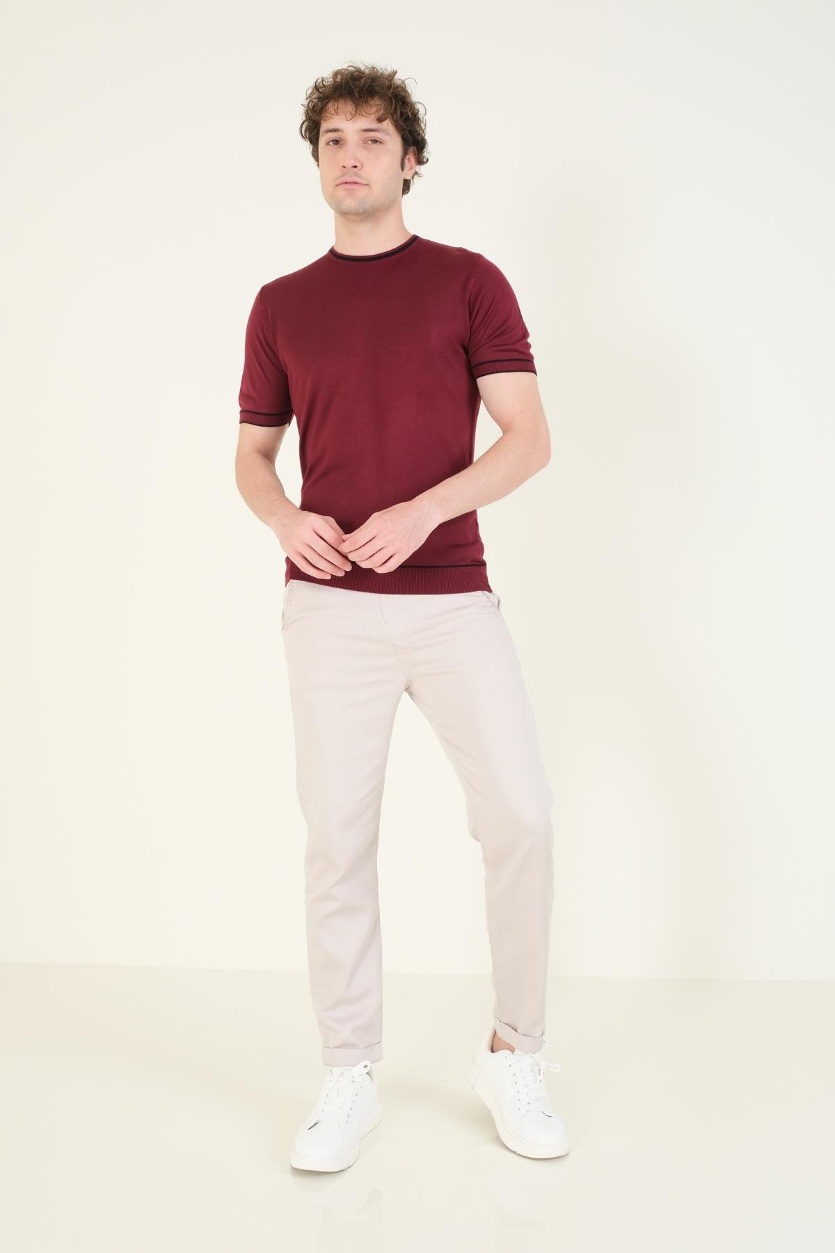 Erkek Sıfır Yaka Biyeli Merserize T-Shirt Bordo