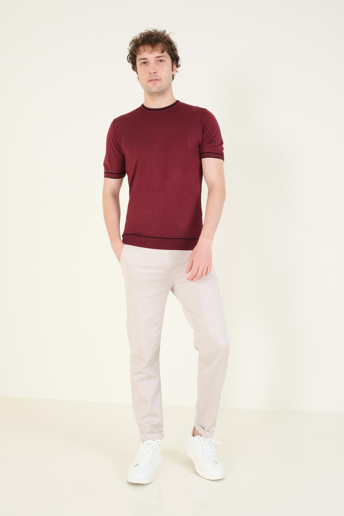 Erkek Sıfır Yaka Biyeli Merserize T-Shirt Bordo