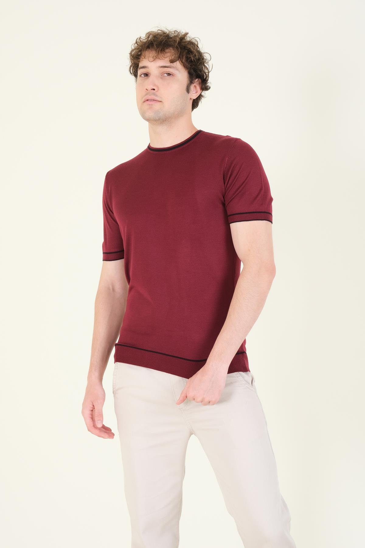 Erkek Sıfır Yaka Biyeli Merserize T-Shirt Bordo