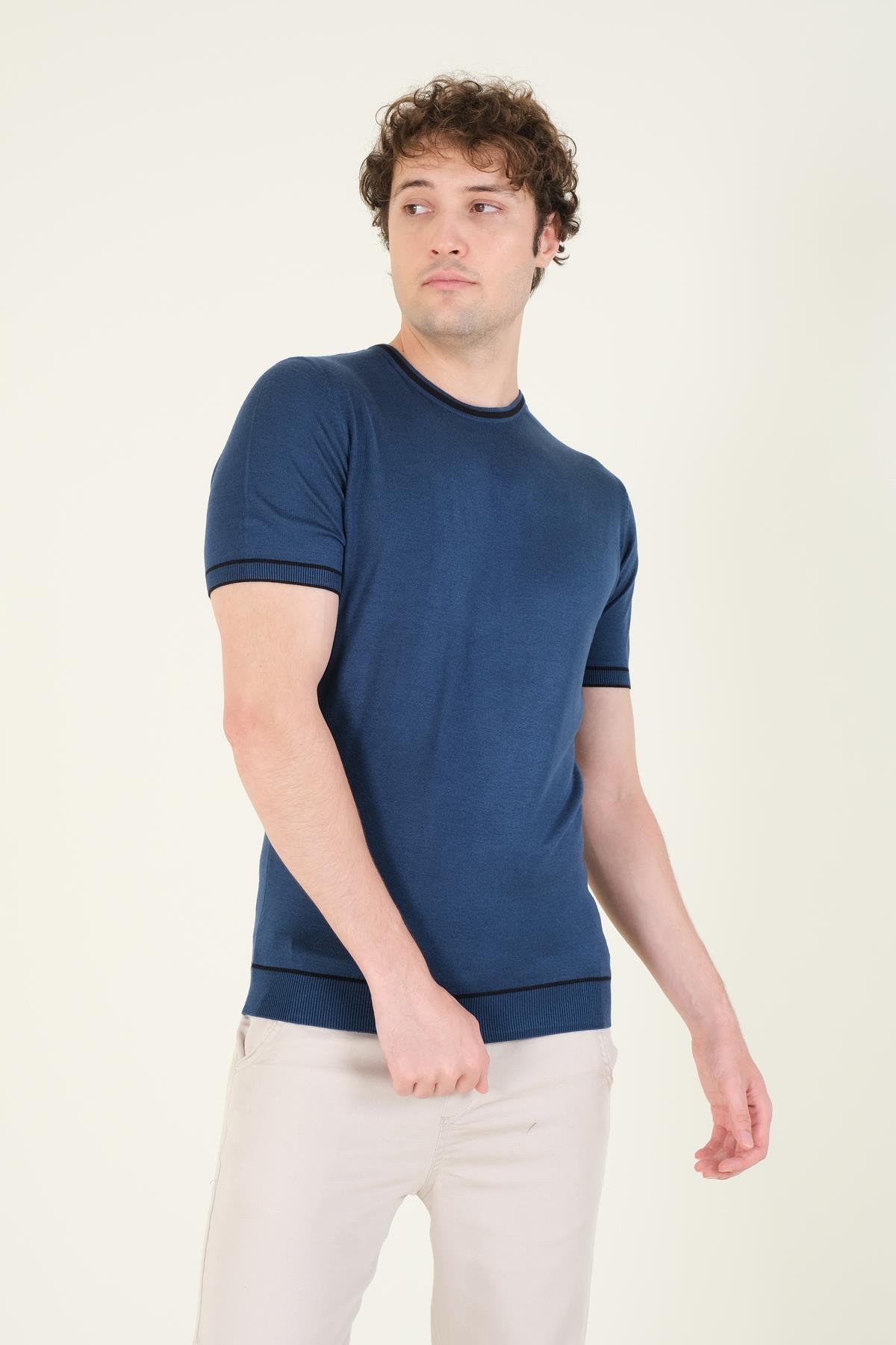 Erkek Sıfır Yaka Biyeli Merserize T-Shirt Petrol Mavi